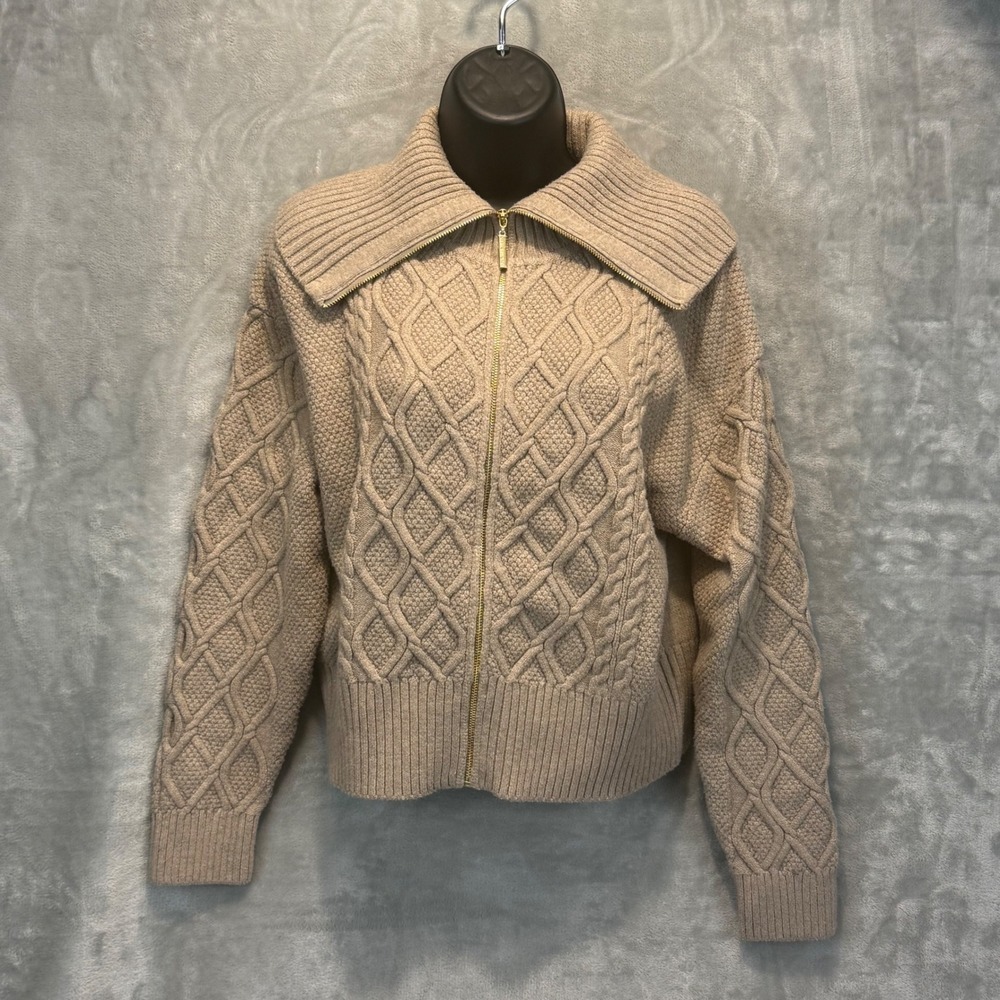 Marc New York Andrew Marc Beige Cable‎ Knit Full Zip Sweater Funnel Neck Large